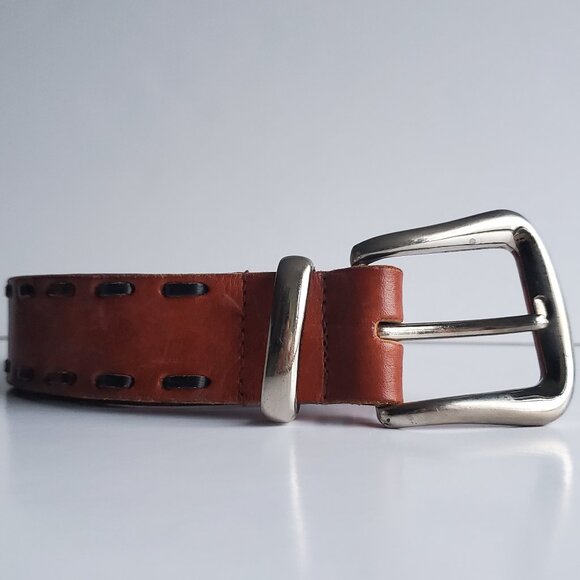 Vintage Brown Leather Belt ASK Hong Kong Black Contrast Stitch Silver Buckle - Picture 2 of 9